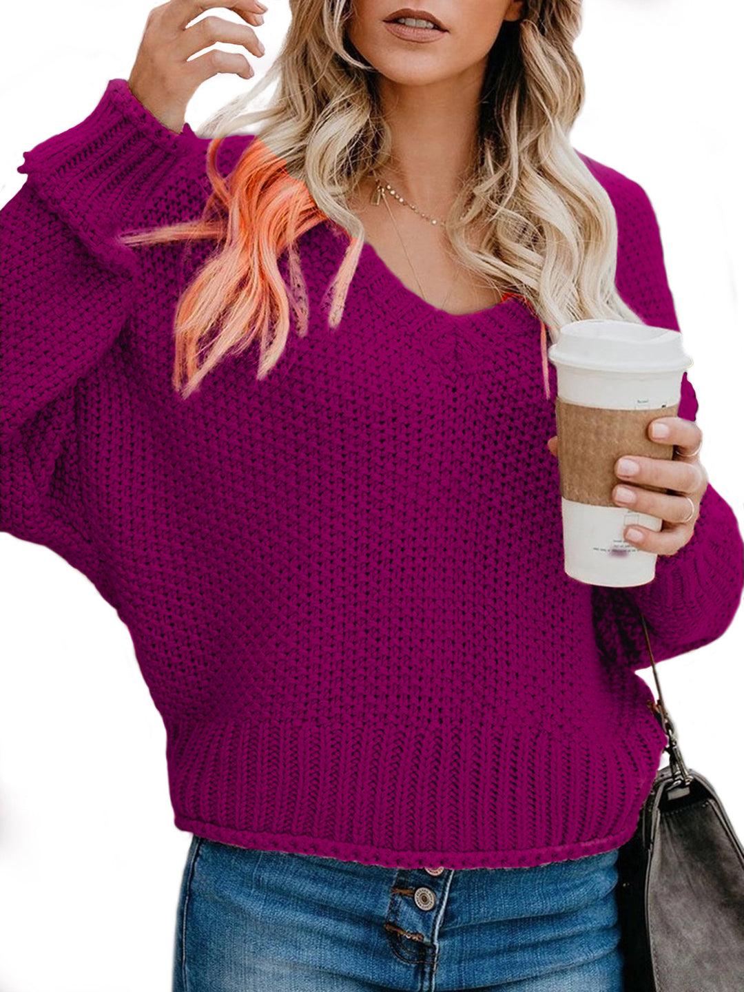 Damen lässiger Strickpullover mit V-Ausschnitt und weitem Schnitt EB