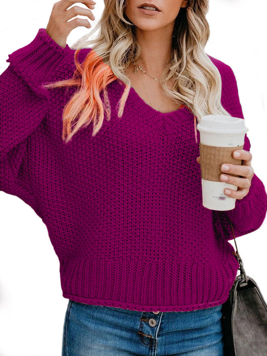 Damen lässiger Strickpullover mit V-Ausschnitt und weitem Schnitt EB