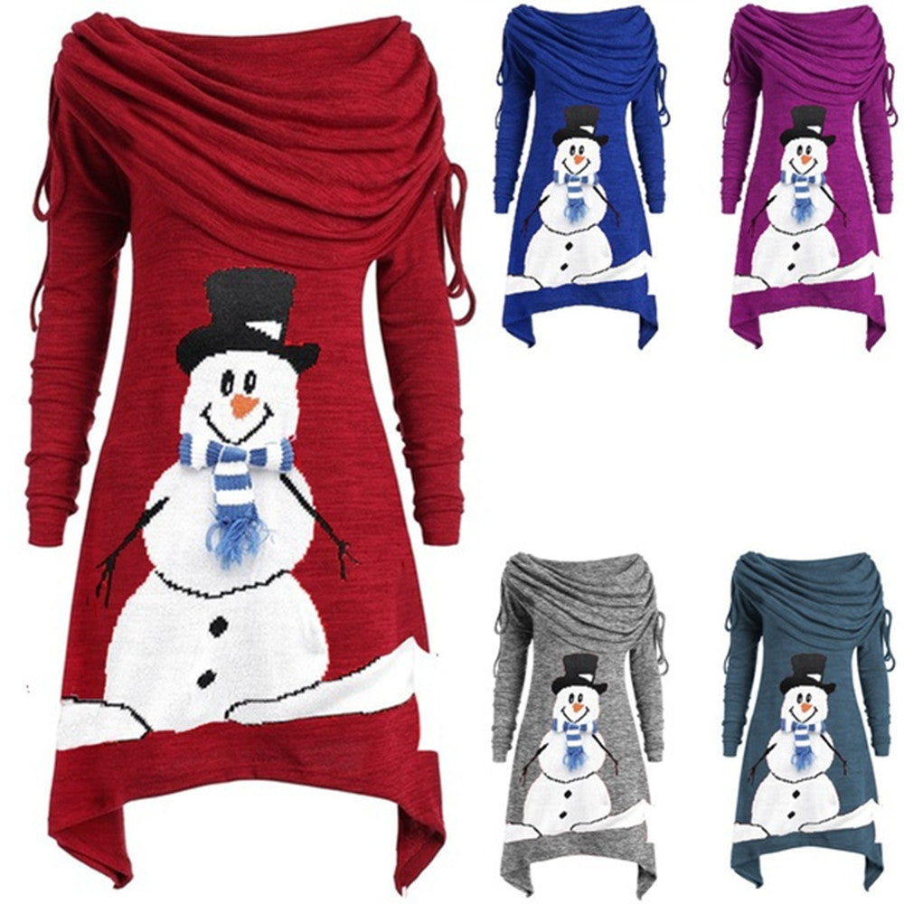 Damen lässiges Weihnachtskleid mit schulterfreiem Design und Schneemann-Motiv EB