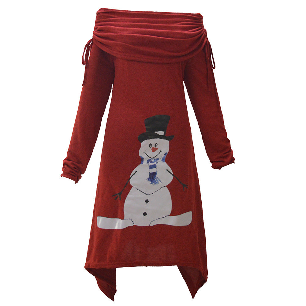 Damen lässiges Weihnachtskleid mit schulterfreiem Design und Schneemann-Motiv EB