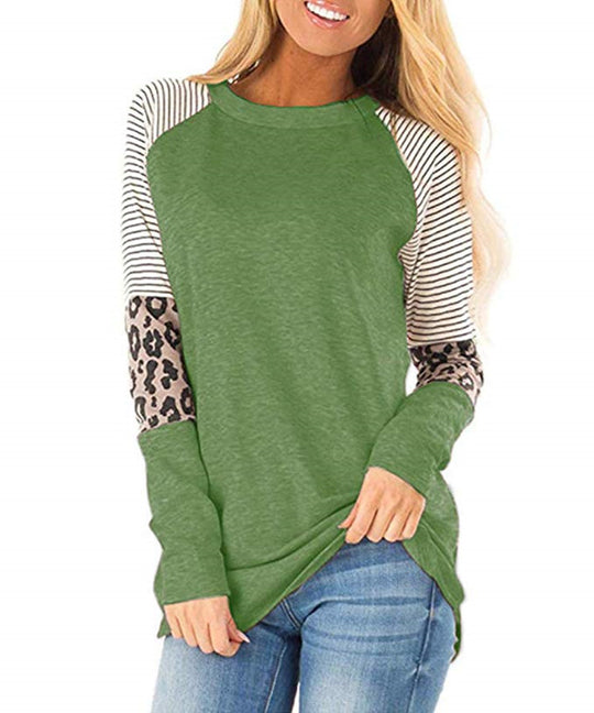 Damen Lässiges Oberteil mit gestreiften und Tiermuster-Ärmeln EB