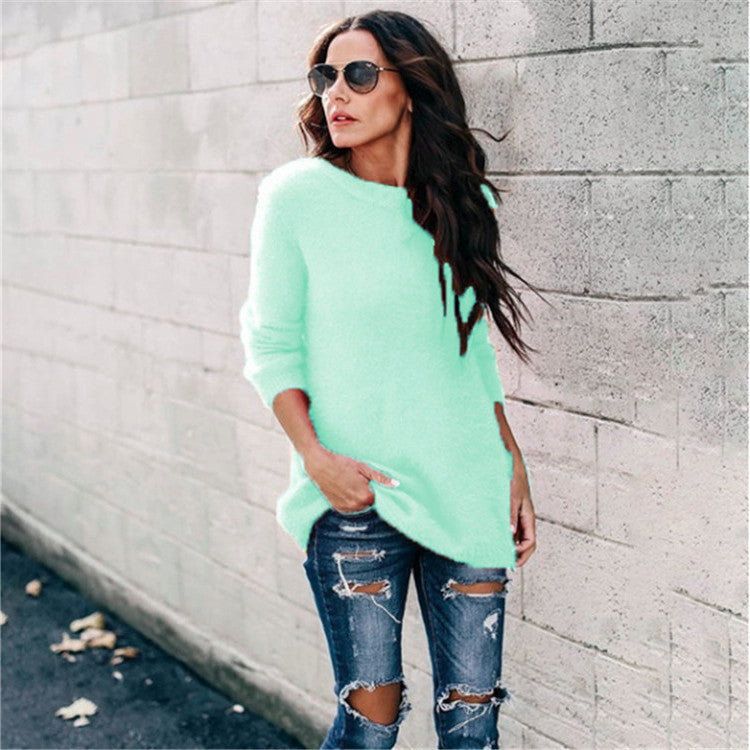 Damen nan kuscheliger Oversize-Strickpullover mit Rundhalsausschnitt Hoch-Tief-Saum und Seitenschlitzen EB