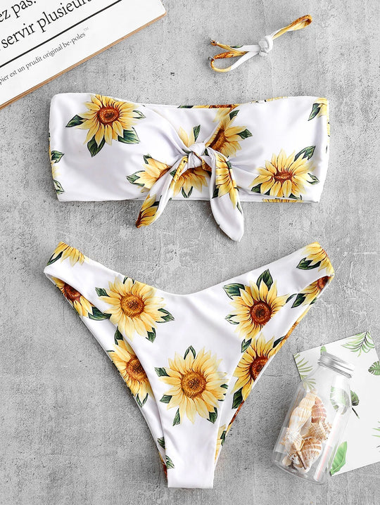 Damen Bandeau-Bikini mit floralem Design und praktischen Knoten EB