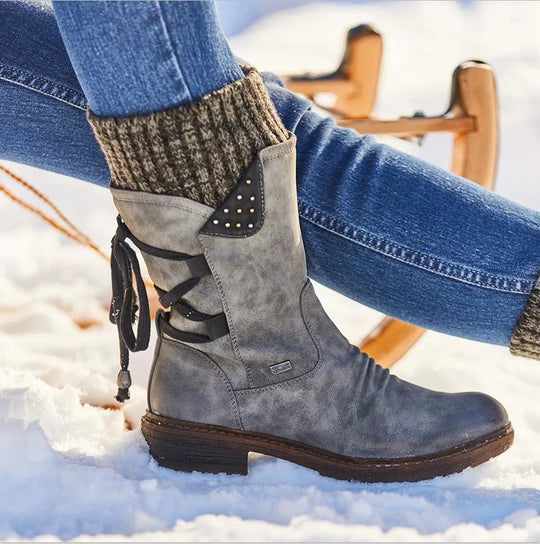 Damen nan gefütterte Schnür-Ankleboots mit gestrickter Schaftröhre, dekorativer Quaste und Nieten-Detail EB