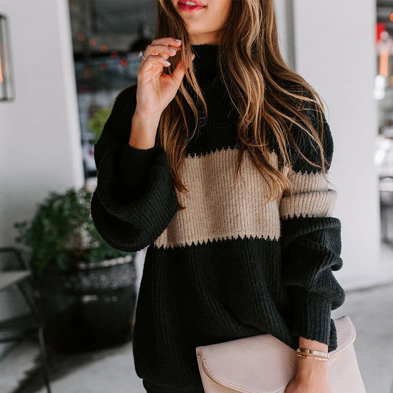Damen Strickpullover mit farbenfrohem Blockdesign und hohem Kragen EB