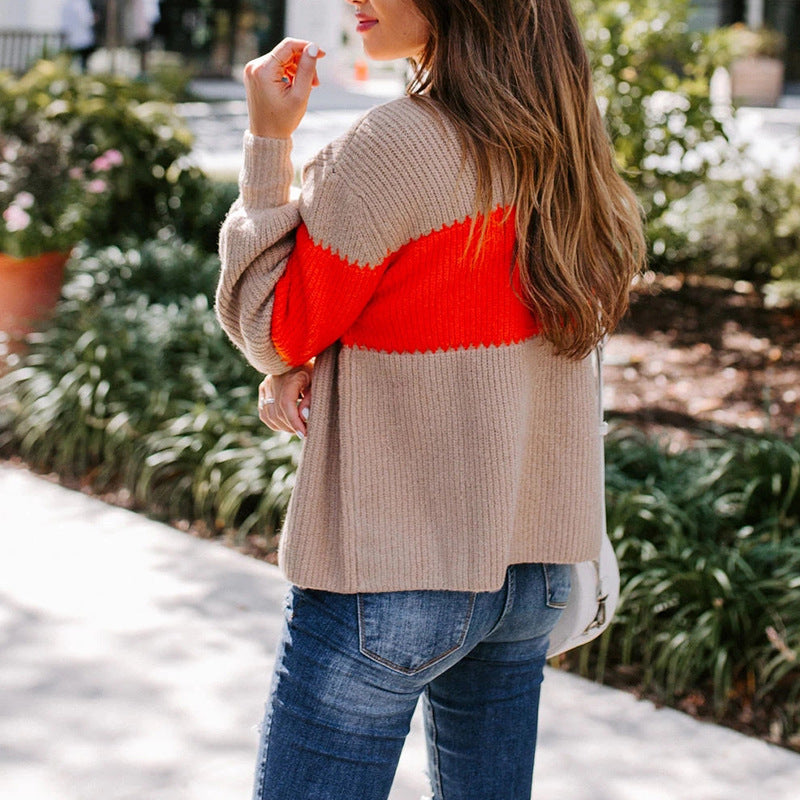 Damen Strickpullover mit farbenfrohem Blockdesign und hohem Kragen EB