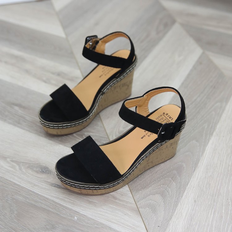 Damen nan Keilabsatzsandalen mit Korkplateau, verstellbarem Schnallenriemen und gekreuzten Wildlederriemen EB