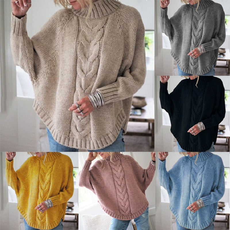 Damen Grobstrick Pullover mit hohem Kragen und dekorativem Zopfmuster EB
