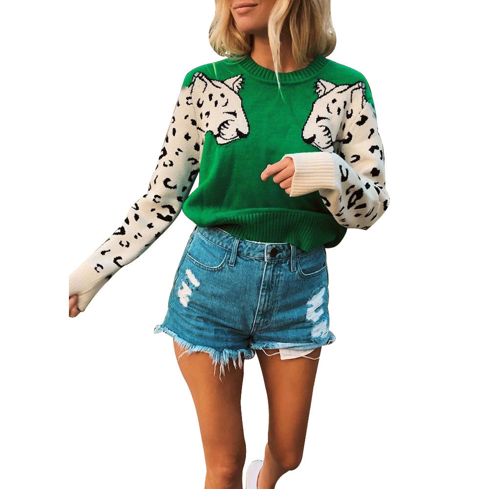 Damen modischer Strickpullover mit tierischem Motiv und farblich abgesetzten Ärmeln EB