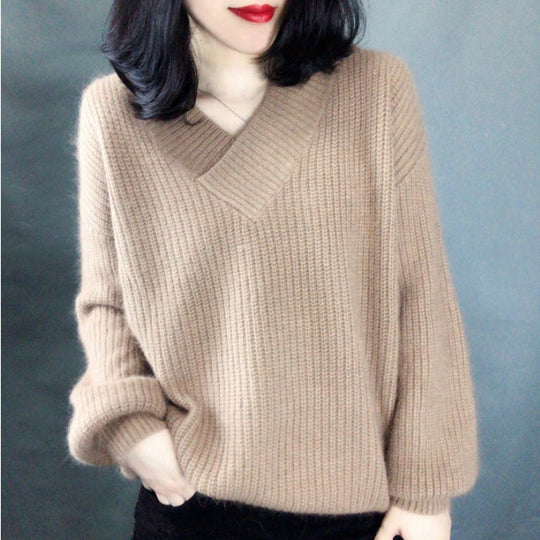 Damen Strickpullover mit V-Ausschnitt und voluminösen Ärmeln EB