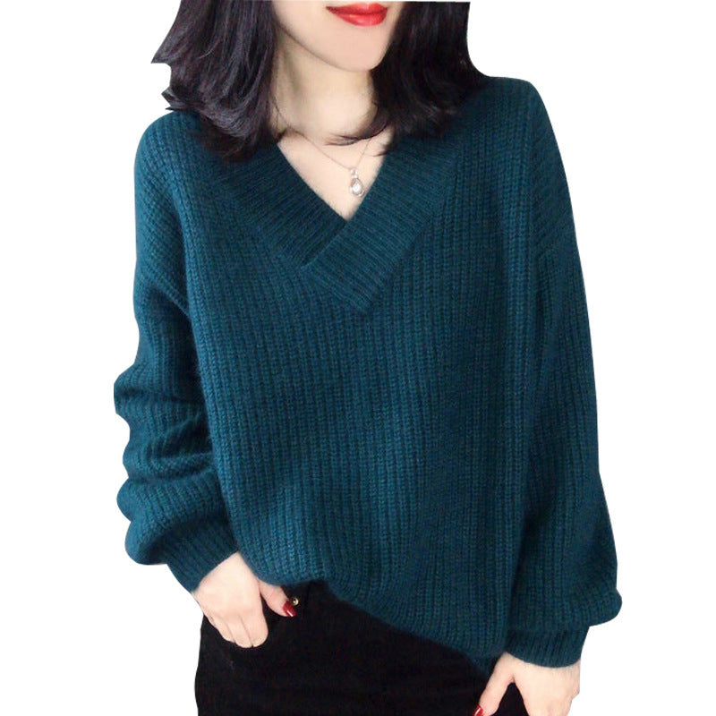 Damen Strickpullover mit V-Ausschnitt und voluminösen Ärmeln EB
