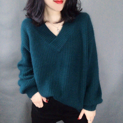 Damen Strickpullover mit V-Ausschnitt und voluminösen Ärmeln EB