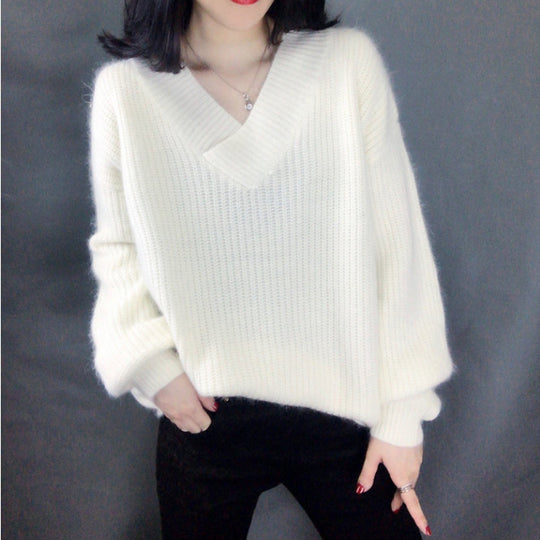 Damen Strickpullover mit V-Ausschnitt und voluminösen Ärmeln EB