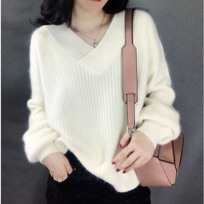 Damen Strickpullover mit V-Ausschnitt und voluminösen Ärmeln EB