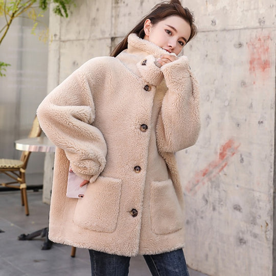 Damen kuscheliger Fleece Mantel mit hohen Kragen und Taschen EB
