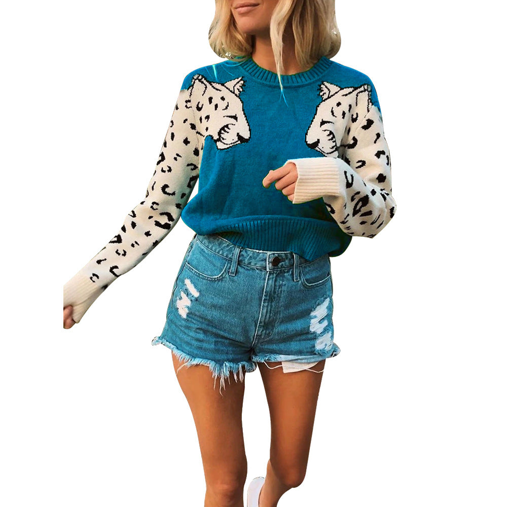 Damen modischer Strickpullover mit tierischem Motiv und farblich abgesetzten Ärmeln EB