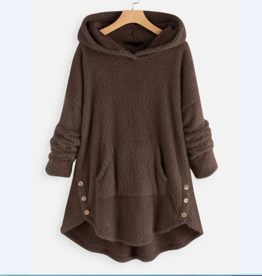 Damen nan kuscheliger Teddy-Kapuzenpullover mit Kängurutasche, Knopfleiste an den Seiten und abgerundetem Saum EB