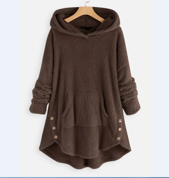 Damen nan kuscheliger Teddy-Kapuzenpullover mit Kängurutasche, Knopfleiste an den Seiten und abgerundetem Saum EB