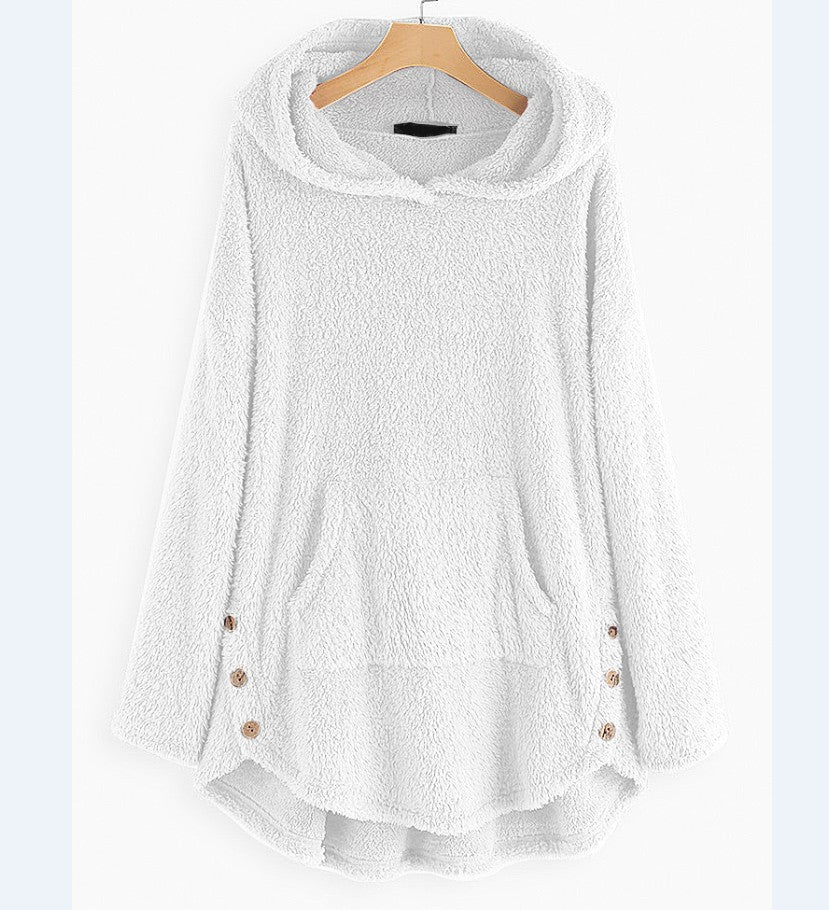 Damen nan kuscheliger Teddy-Kapuzenpullover mit Kängurutasche, Knopfleiste an den Seiten und abgerundetem Saum EB
