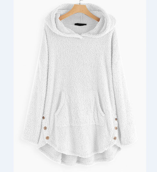 Damen nan kuscheliger Teddy-Kapuzenpullover mit Kängurutasche, Knopfleiste an den Seiten und abgerundetem Saum EB