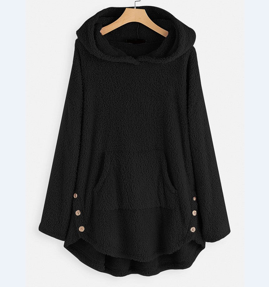 Damen nan kuscheliger Teddy-Kapuzenpullover mit Kängurutasche, Knopfleiste an den Seiten und abgerundetem Saum EB