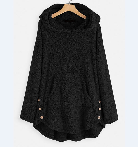 Damen nan kuscheliger Teddy-Kapuzenpullover mit Kängurutasche, Knopfleiste an den Seiten und abgerundetem Saum EB
