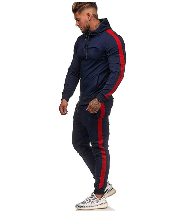 Herren nan figurbetonter Kapuzen-Trainingsanzug mit durchgehendem Reißverschluss, Kordelzug und kontrastierendem Seitenstreifen EB