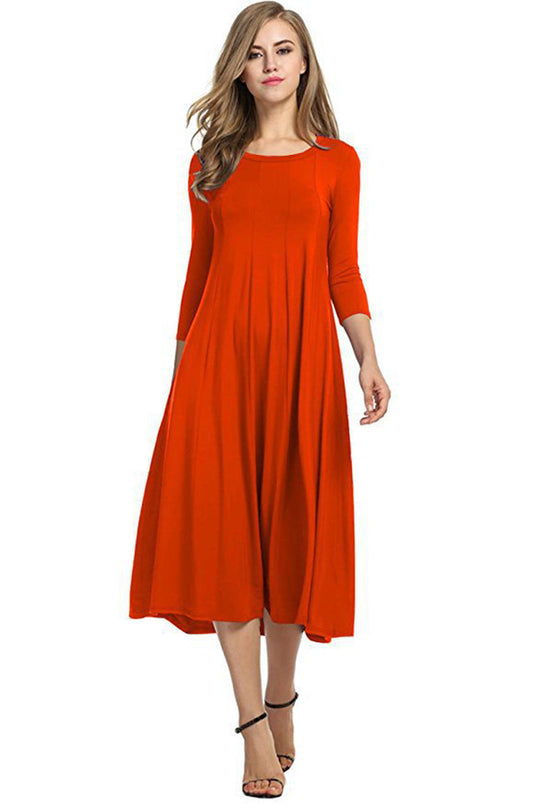 EB | Quadrat-Ausschnitt 3/4-Lange Uni-Farbe Midi-Kleid