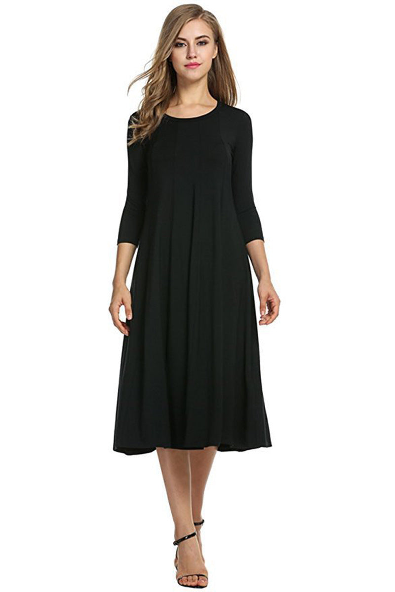EB | Quadrat-Ausschnitt 3/4-Lange Uni-Farbe Midi-Kleid