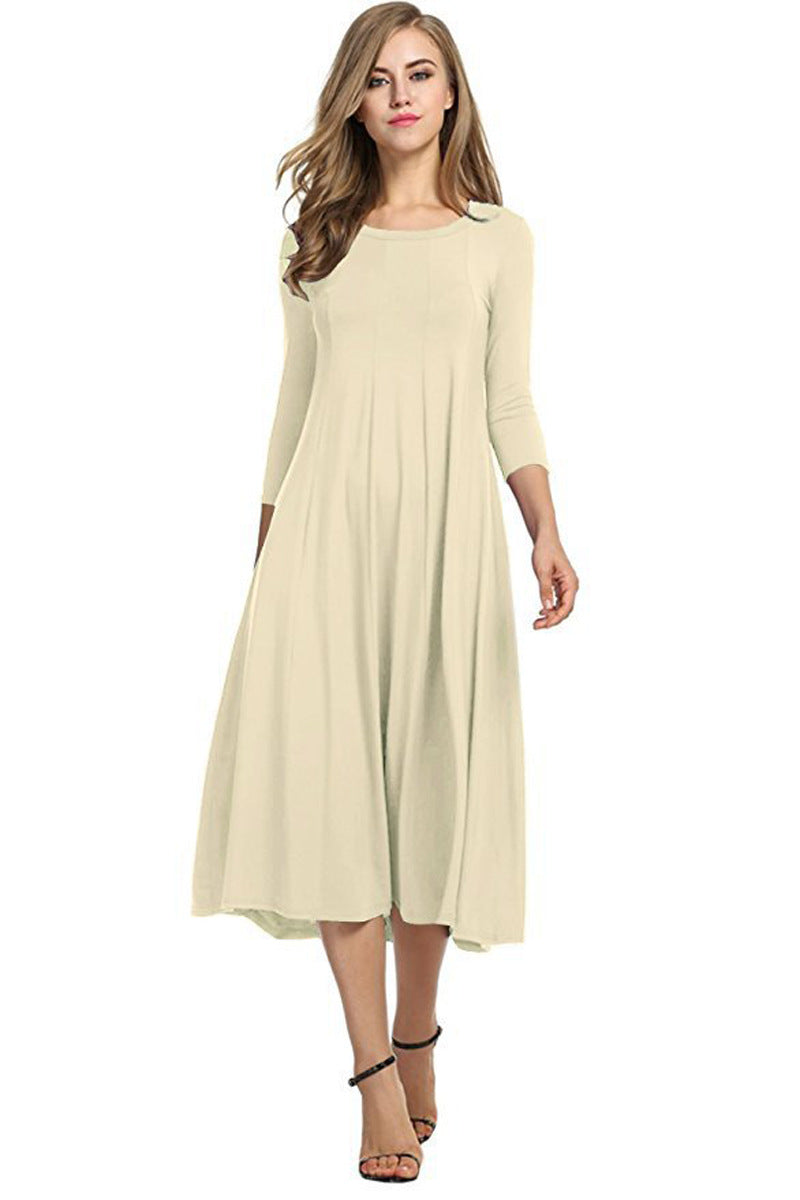 EB | Quadrat-Ausschnitt 3/4-Lange Uni-Farbe Midi-Kleid