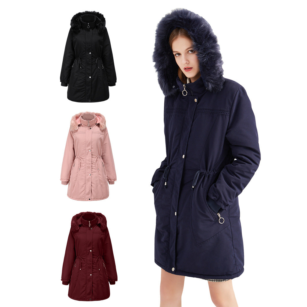 Damen stylische Parka-Jacke mit abnehmbarem Kunstfell und taillierbarem Kordelzug EB