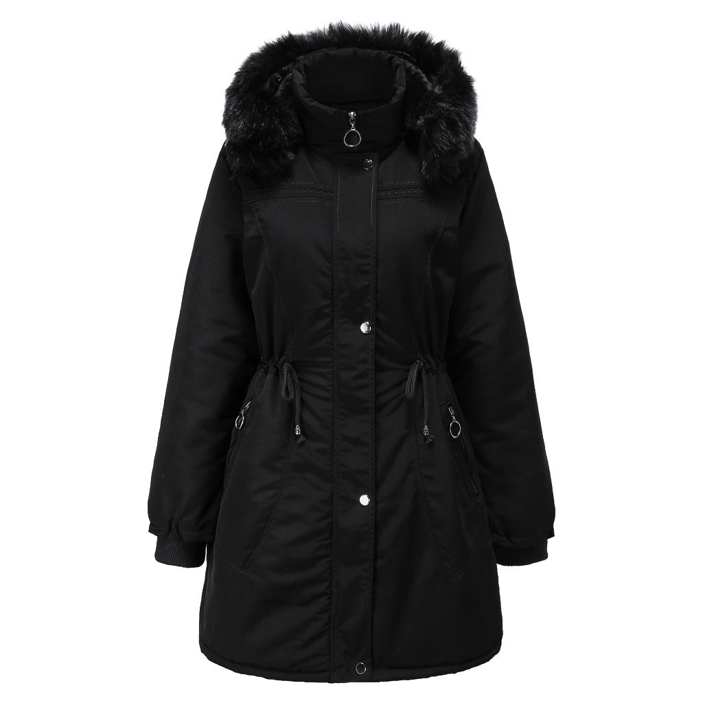 Damen stylische Parka-Jacke mit abnehmbarem Kunstfell und taillierbarem Kordelzug EB