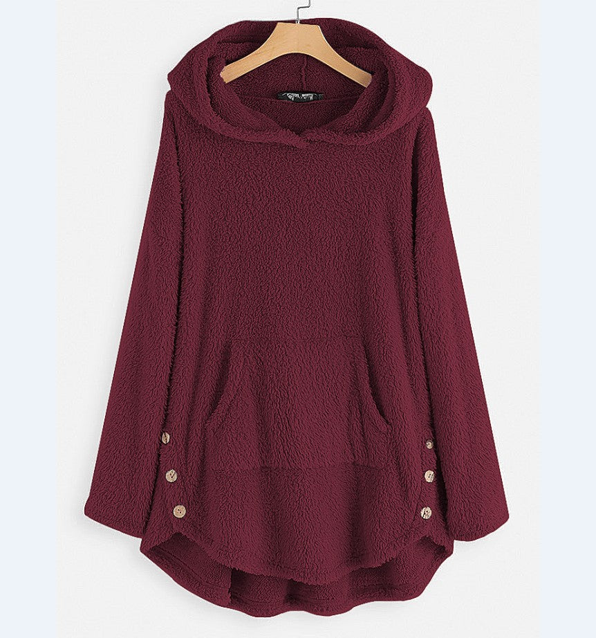 Damen nan kuscheliger Teddy-Kapuzenpullover mit Kängurutasche, Knopfleiste an den Seiten und abgerundetem Saum EB