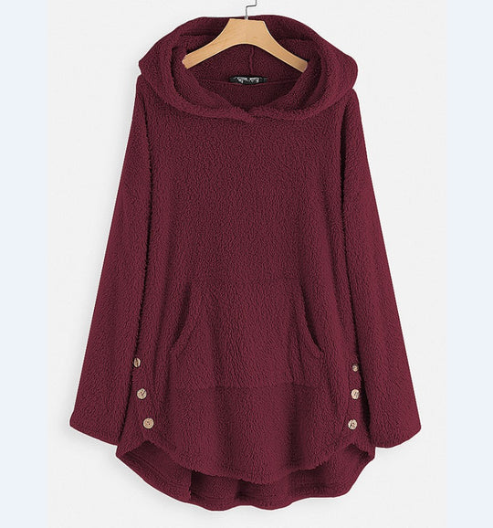 Damen nan kuscheliger Teddy-Kapuzenpullover mit Kängurutasche, Knopfleiste an den Seiten und abgerundetem Saum EB