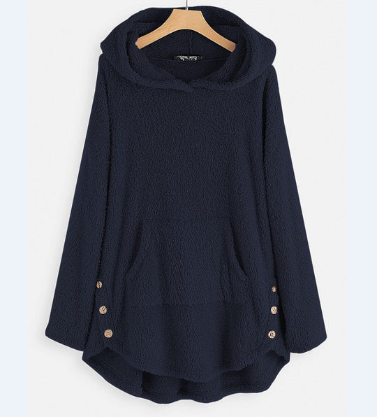 Damen nan kuscheliger Teddy-Kapuzenpullover mit Kängurutasche, Knopfleiste an den Seiten und abgerundetem Saum EB