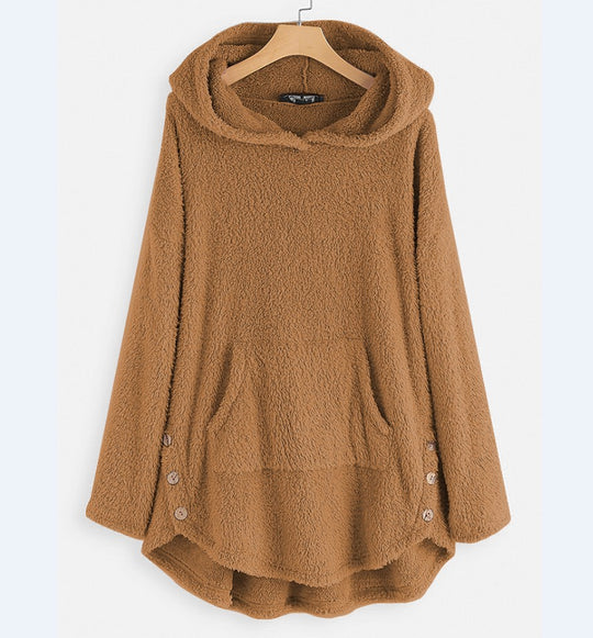 Damen nan kuscheliger Teddy-Kapuzenpullover mit Kängurutasche, Knopfleiste an den Seiten und abgerundetem Saum EB