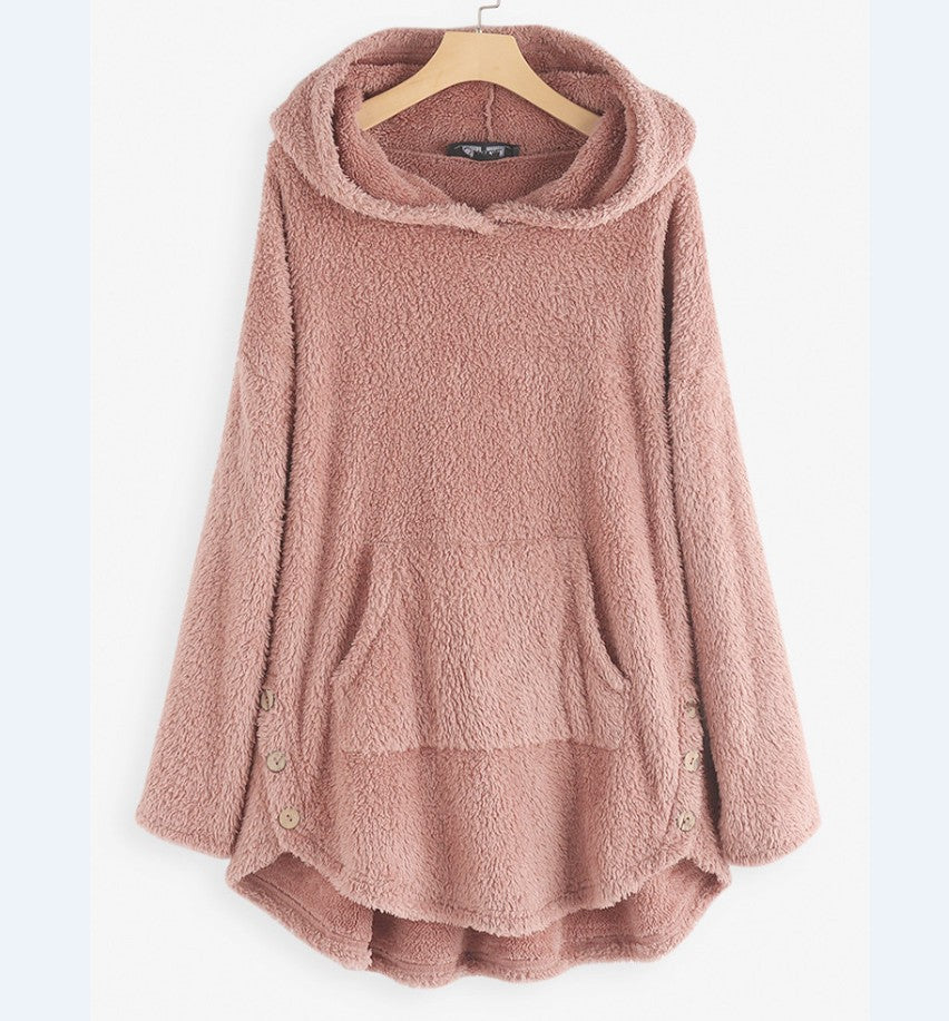 Damen nan kuscheliger Teddy-Kapuzenpullover mit Kängurutasche, Knopfleiste an den Seiten und abgerundetem Saum EB