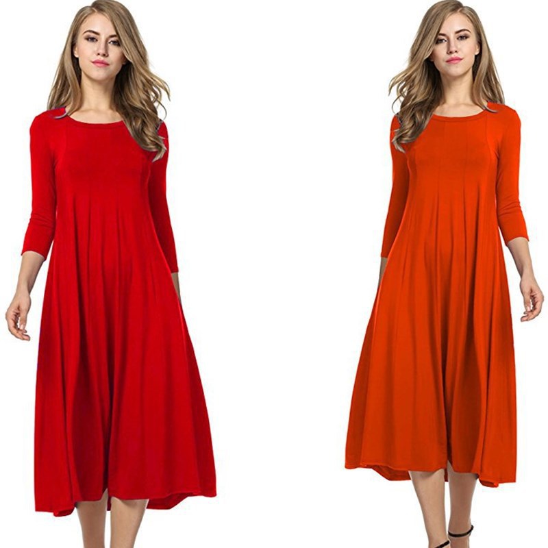 EB | Quadrat-Ausschnitt 3/4-Lange Uni-Farbe Midi-Kleid