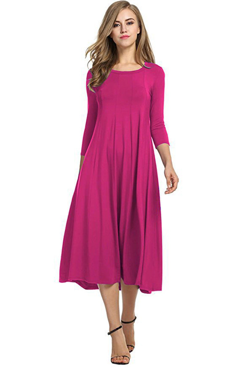 EB | Quadrat-Ausschnitt 3/4-Lange Uni-Farbe Midi-Kleid