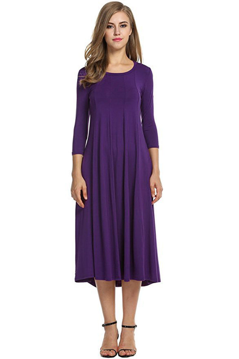 EB | Quadrat-Ausschnitt 3/4-Lange Uni-Farbe Midi-Kleid