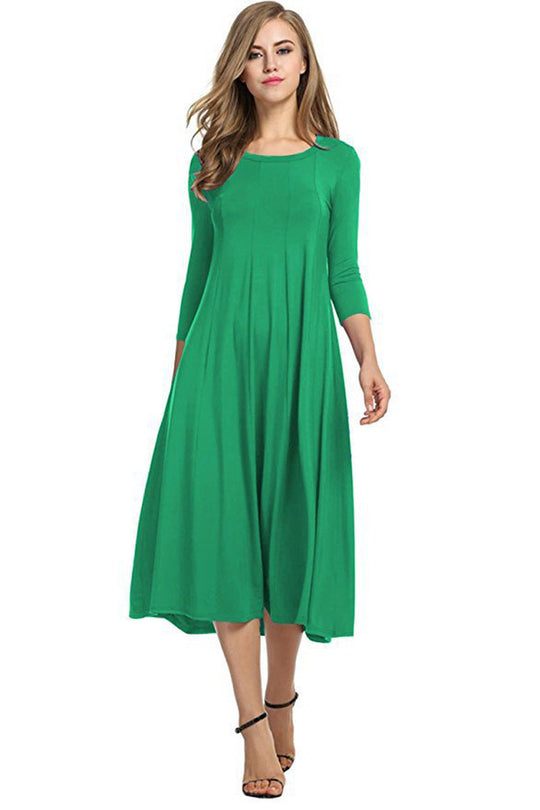 EB | Quadrat-Ausschnitt 3/4-Lange Uni-Farbe Midi-Kleid