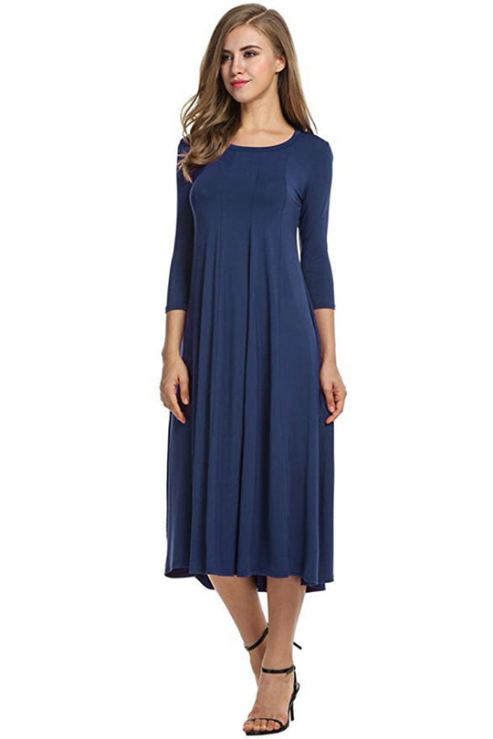 EB | Quadrat-Ausschnitt 3/4-Lange Uni-Farbe Midi-Kleid