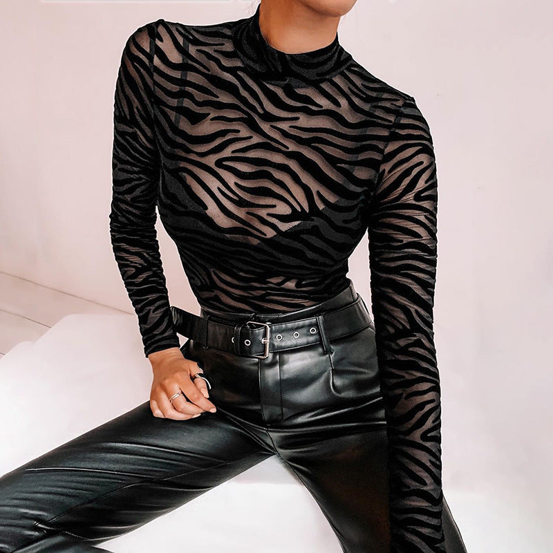 Damen eleganter und transparenter Langarm-Bodysuit mit Zebra-Design EB