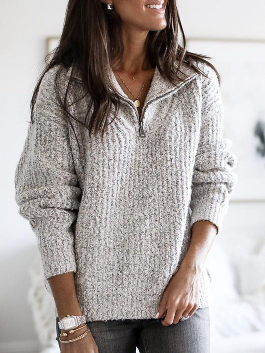 Damen nan weicher Strukturstrickpullover mit halbem Reißverschluss und Troyerkragen EB