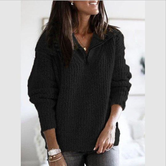 Damen nan weicher Strukturstrickpullover mit halbem Reißverschluss und Troyerkragen EB