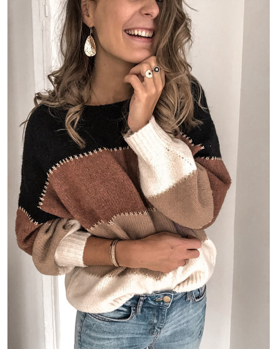 Damen Strickpullover mit modernen Farbblockelementen und lässigem Schnitt EB