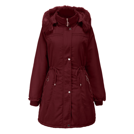 Damen stylische Parka-Jacke mit abnehmbarem Kunstfell und taillierbarem Kordelzug EB