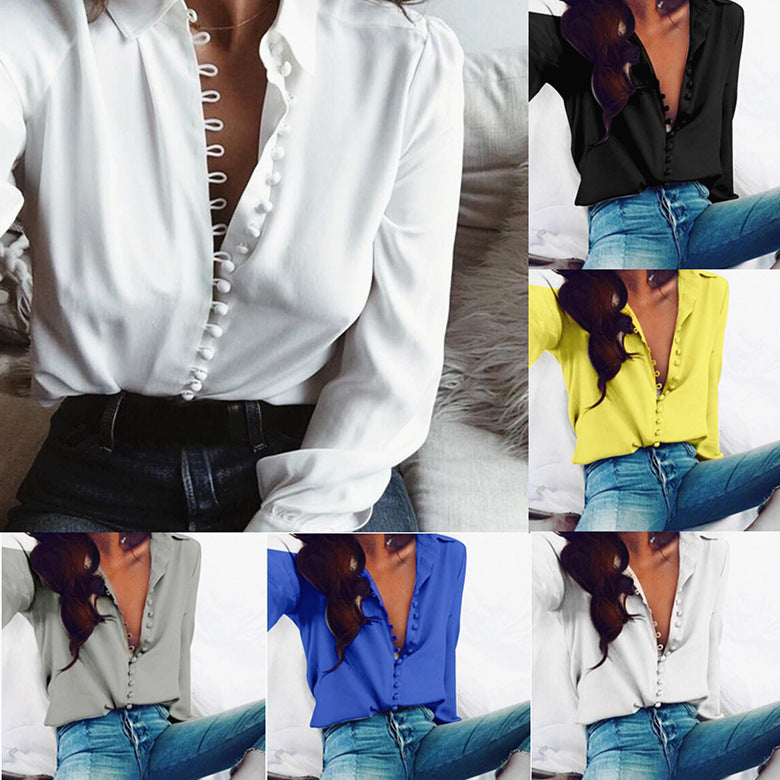 Damen nan seidige V-Bluse mit verdeckter Stoffknopfleiste und legerer Passform EB