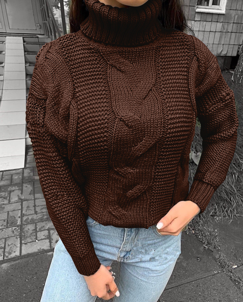 Damen Strickpullover mit Rollkragen und Zopfdesign EB