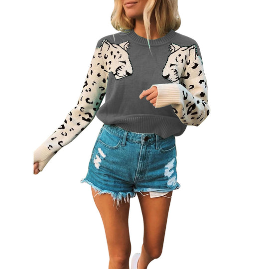 Damen modischer Strickpullover mit tierischem Motiv und farblich abgesetzten Ärmeln EB